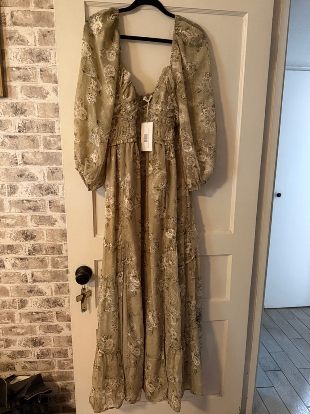 Boho Floral Maxi Dress in Olive with Puff Sleeves